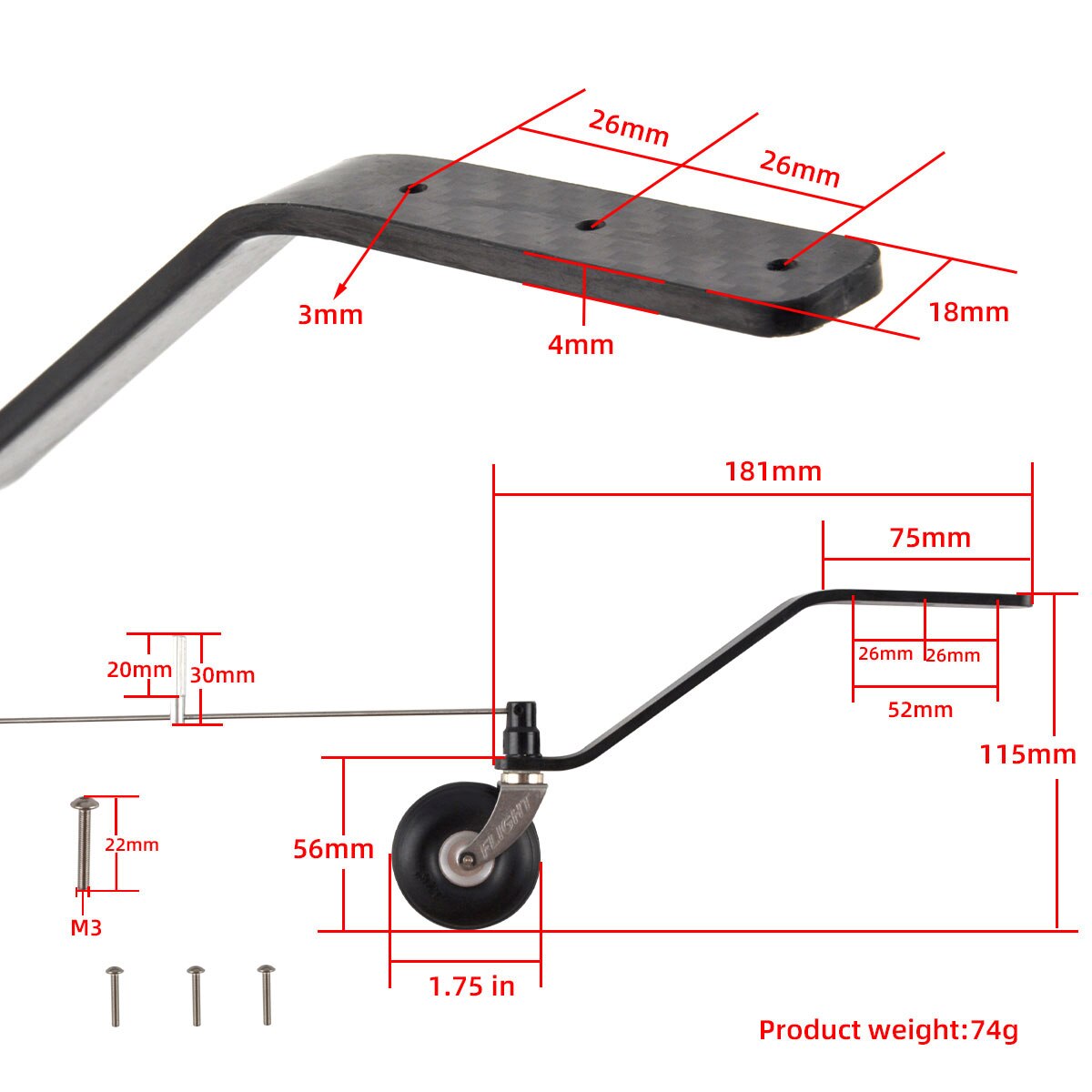 1Pc ZYHOBBY Carbon Fiber Tail Landing Gear with Wheel 30CC 50CC 100CC 150CC for RC Fix Wing Model Airplane