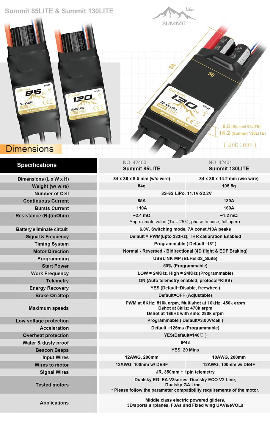 Summit Brushless ESC LITE Fixed-Wing and Multirotor Electronic Speed Controller 3S-6S