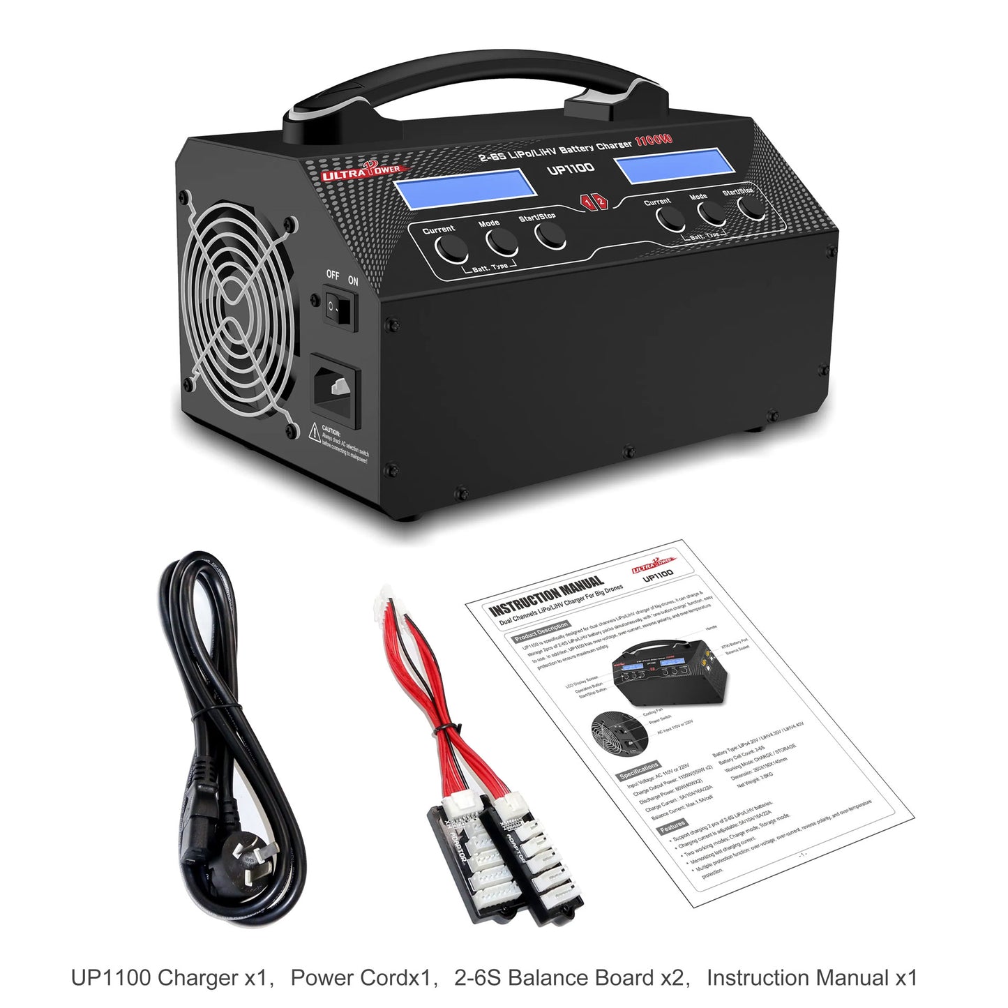 Ultra Power UP1100 1100W 2-6S Charger 22A 2 Ports Agricultural Drone Battery Charger for Lithium Battery Multiple Operating Modes