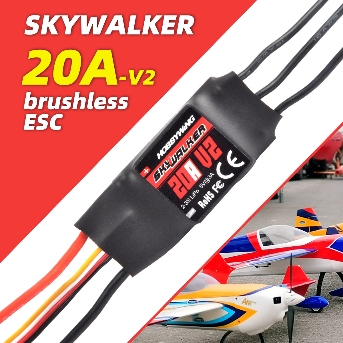 HOBBYWING Skywalker-20A V2 Brushless Electronic Speed Controller Brushless ESC 2-3S LiPo Low Voltage for RC Airplanes
