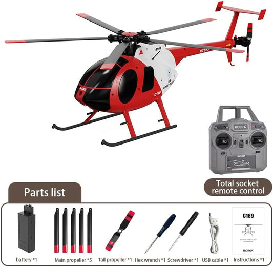 PurAr RC Helicopter MD500 C189 Helicopter with Single-Rotor, 1/28 2.4G 4CH 6-Axis Gyro, Dual Brushless Motors Little Bird Aircraft Ready to Fly for Beginners RTF Version (Red and White)