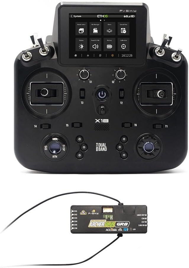 PurAr NOBRIM Tandem X18S Transmitter Color Touch Screen Display FCC Controller (Blue/Black) and Receiver (2.4GHz) for RC Aircraft Models (Black Remote Control)