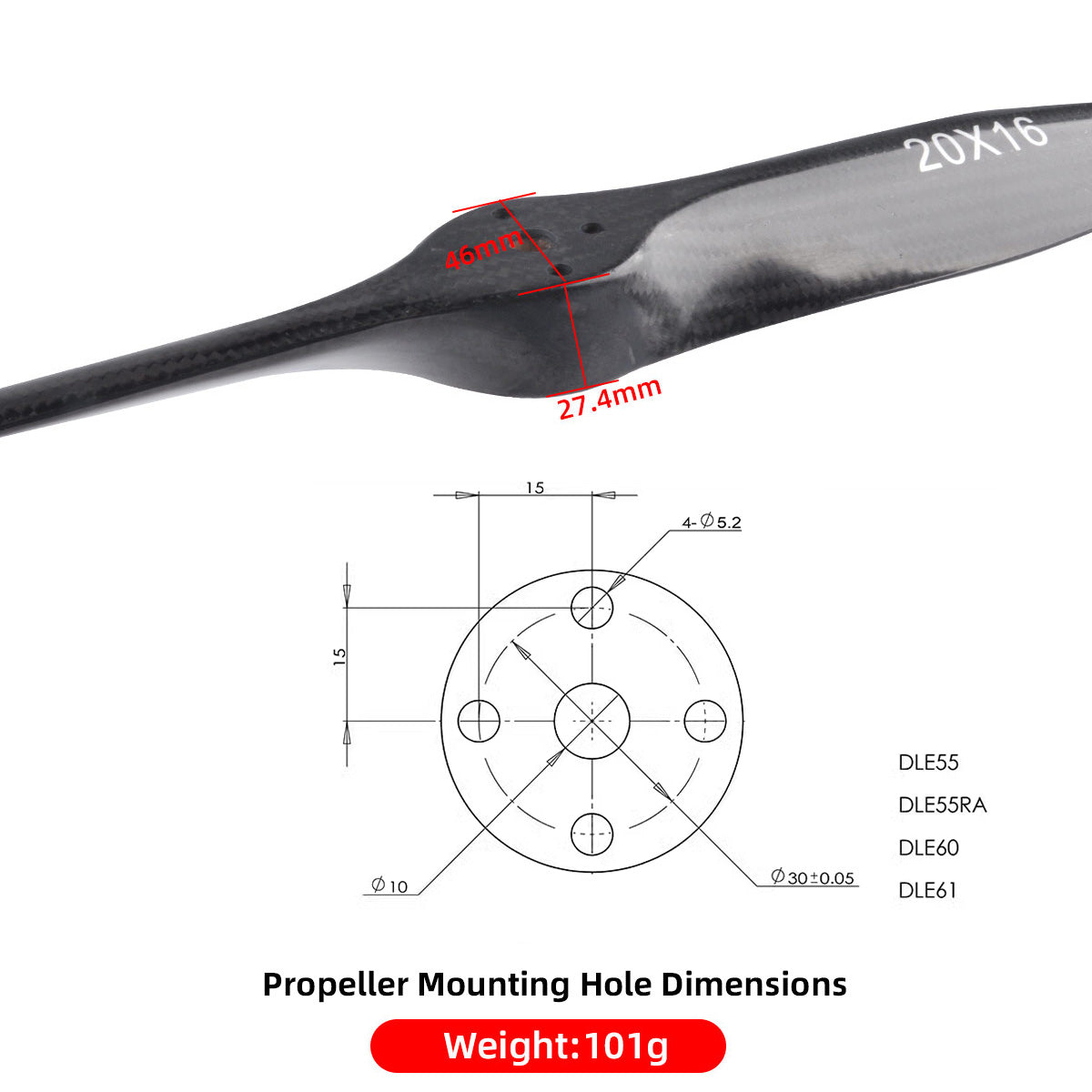 20*16 inch Carbon Fiber Propeller Black 20*16 inch For DLE55/55RA/60/61 Engine