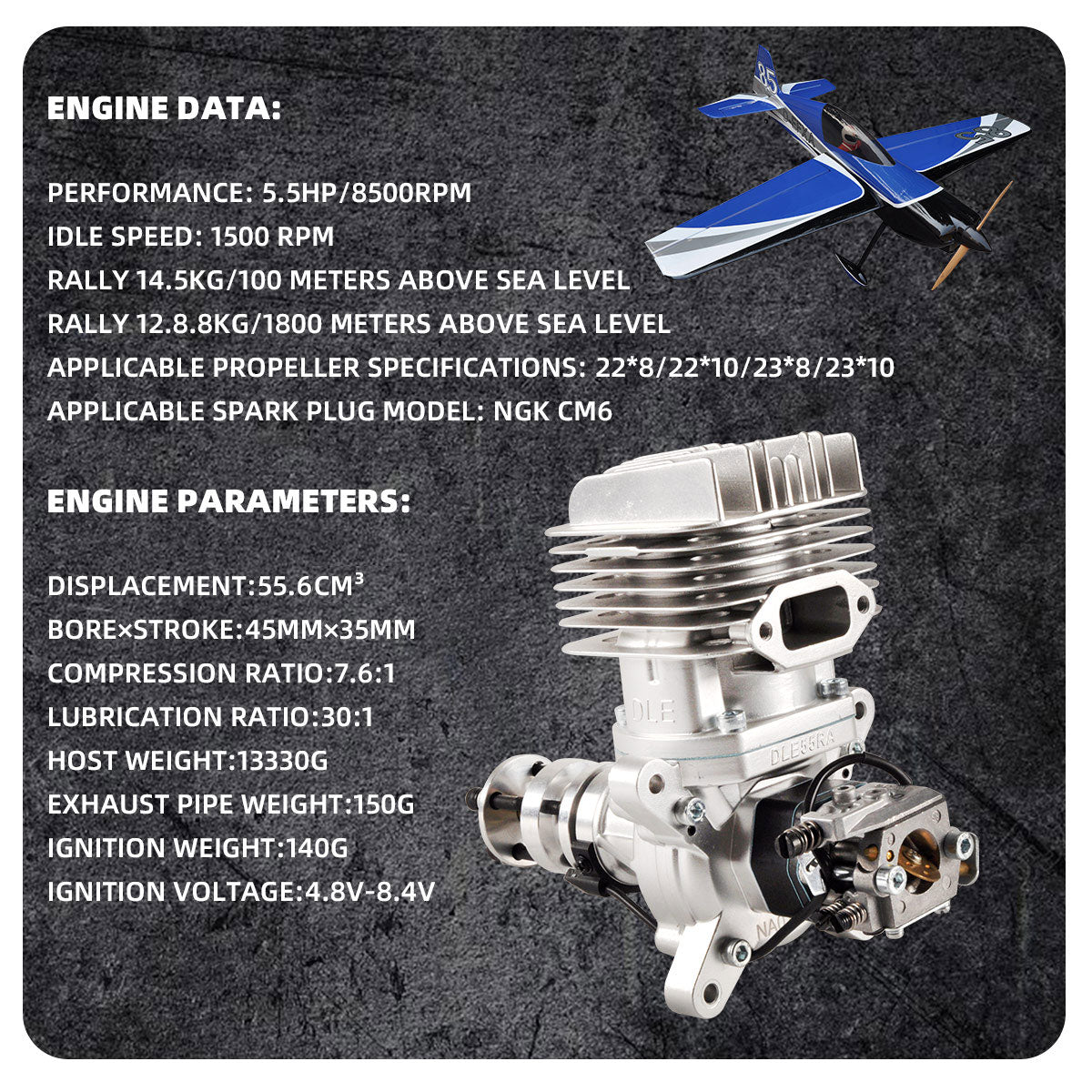 DLE55RA 55CC Two Stroke Rear Exhaust Gas Engine w/ Muffler&Ignition for RC Plane