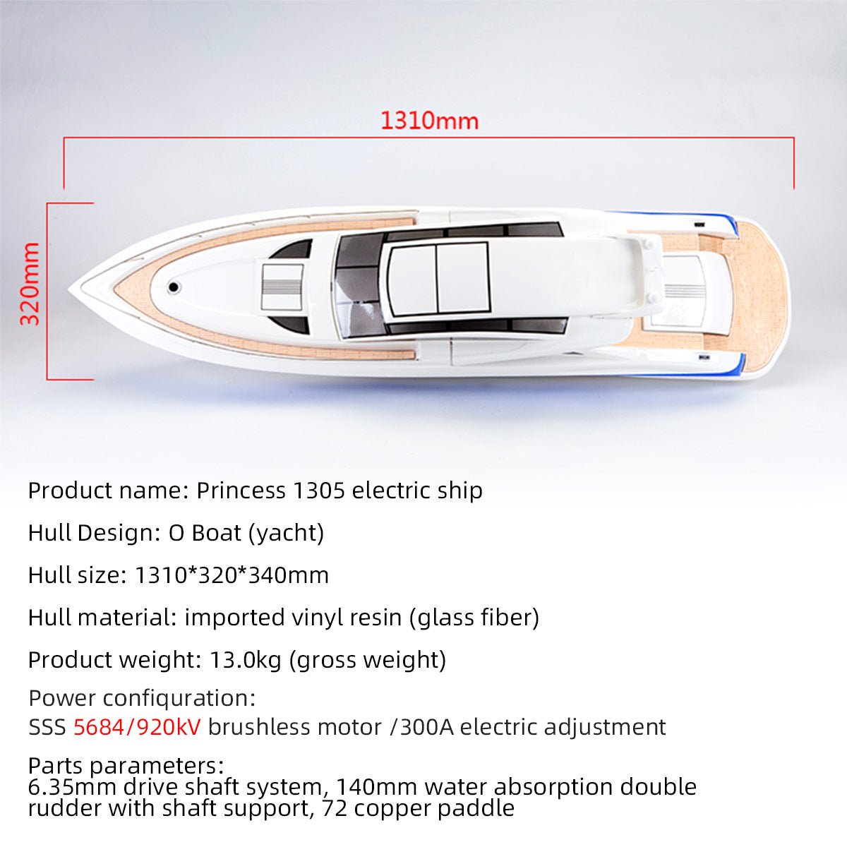 TFL 1305 Princess BWS 30°N 30CC Engine with Φ6.35mm Dual Rudder System Fiber Glass Gas RC Boat (ARTR Version)