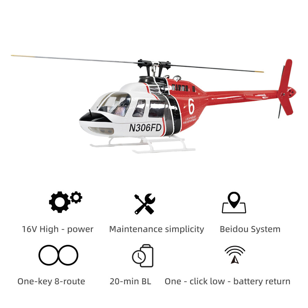 FLYWING Bell-206 Helicopter 2-Blades H1 System 16V High-power One-key 8-Route 3000mAh Power Battery RTF Version