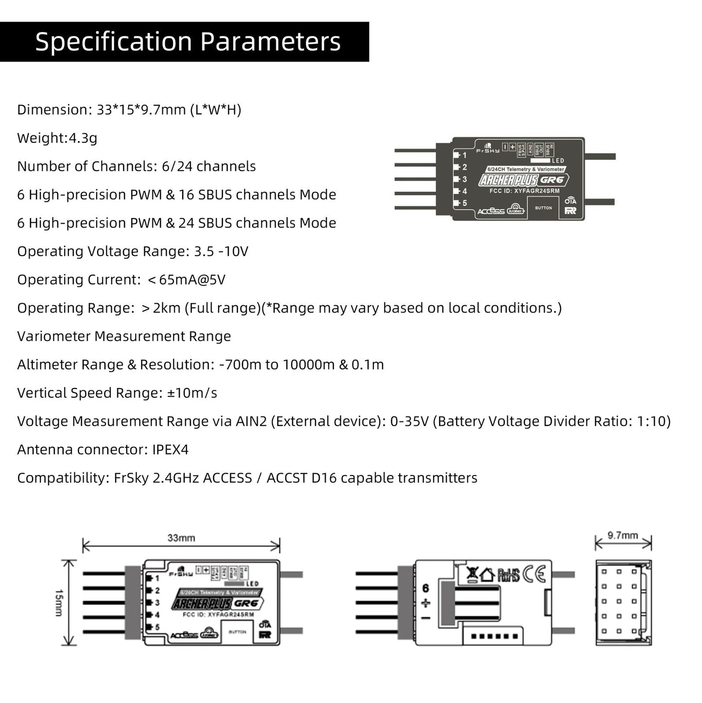 1-Pack FrSky Archer Plus GR6 4.3g Receiver/6 High Accuracy PWM Channels/SBUS Outputs