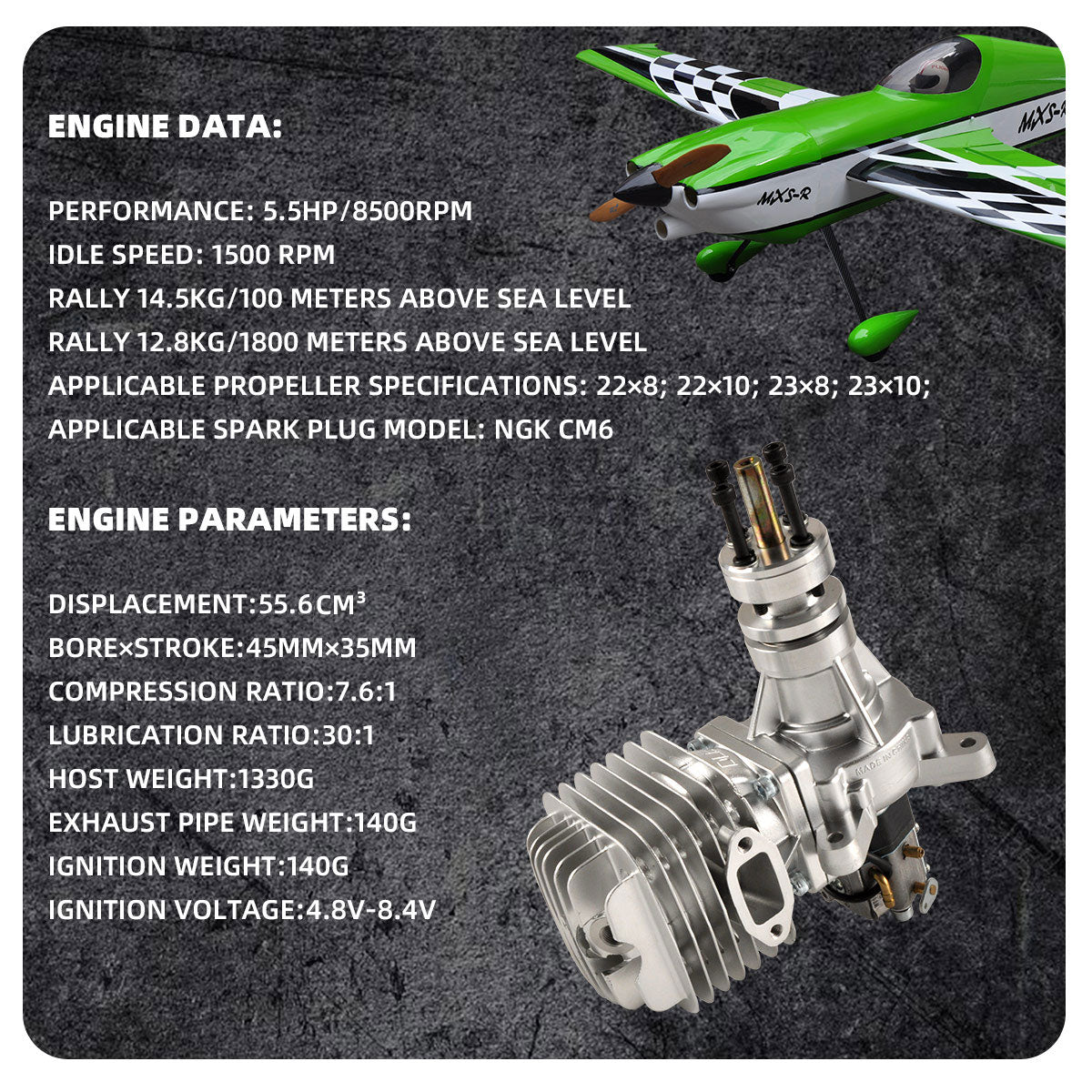 DLE 55CC Single Cylinder Two Stroke Side Exhaust Gas Engine w/ Muffler&Ignition