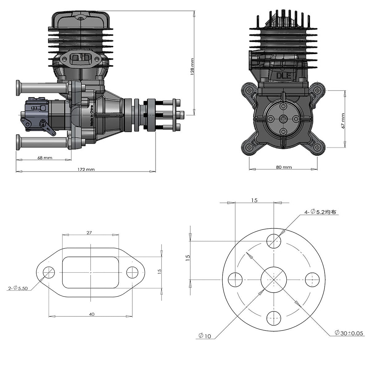 DLE 55CC Single Cylinder Two Stroke Side Exhaust Gas Engine w/ Muffler&Ignition