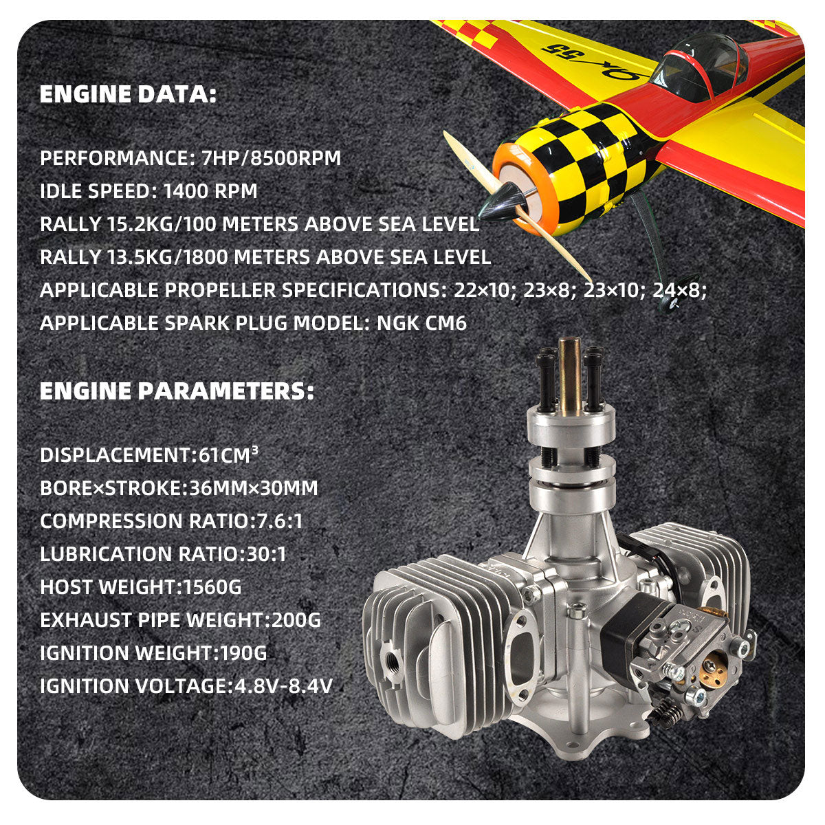 DLE 60CC Gas Engine Twin Cylinder Two Stroke Side Exhaust with CDI & Muffler