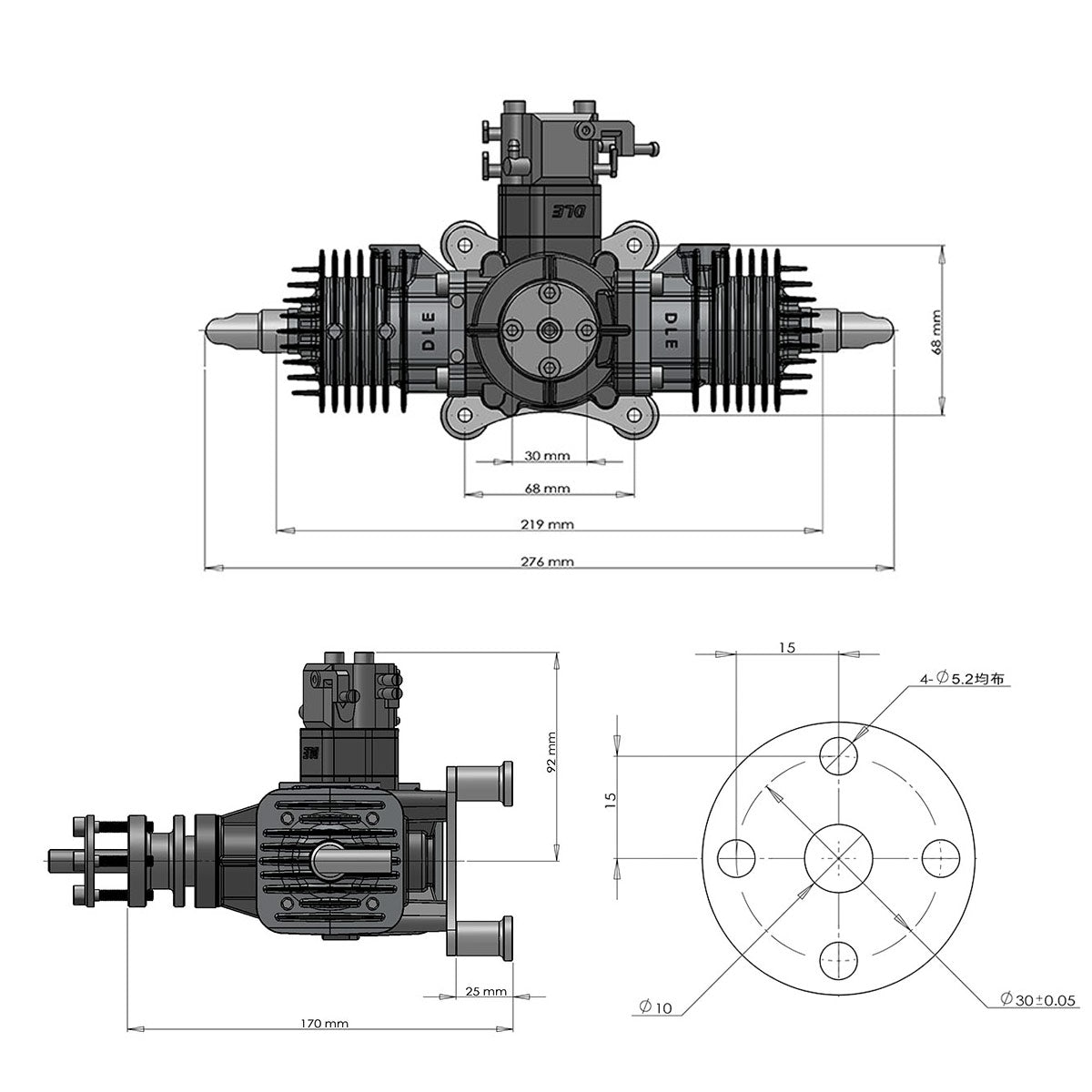 DLE 60CC Gas Engine Twin Cylinder Two Stroke Side Exhaust with CDI & Muffler
