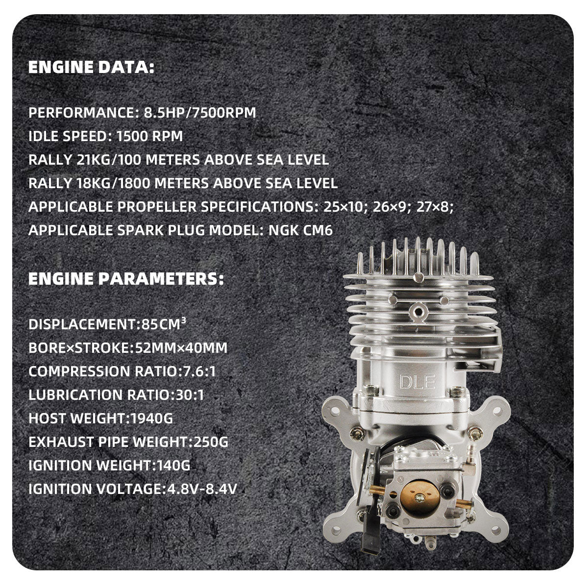 DLE 85CC Gas Engine Single Cylinder Two Stroke Side Exhaust with CDI & Muffler