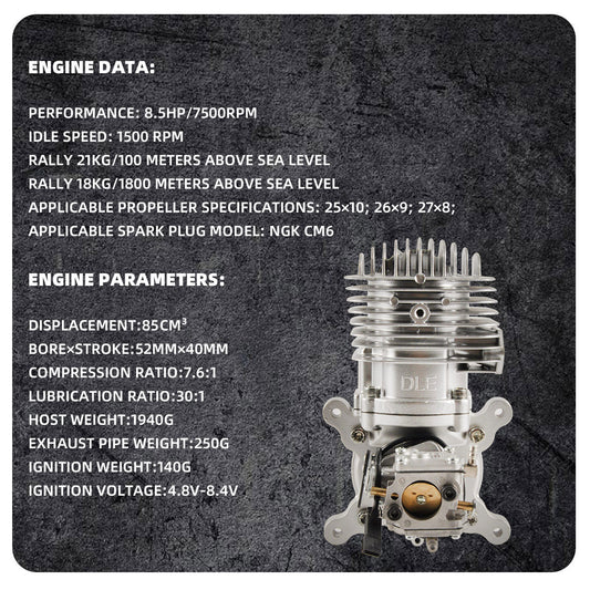 DLE 85CC Gas Engine Single Cylinder Two Stroke Side Exhaust with CDI & Muffler