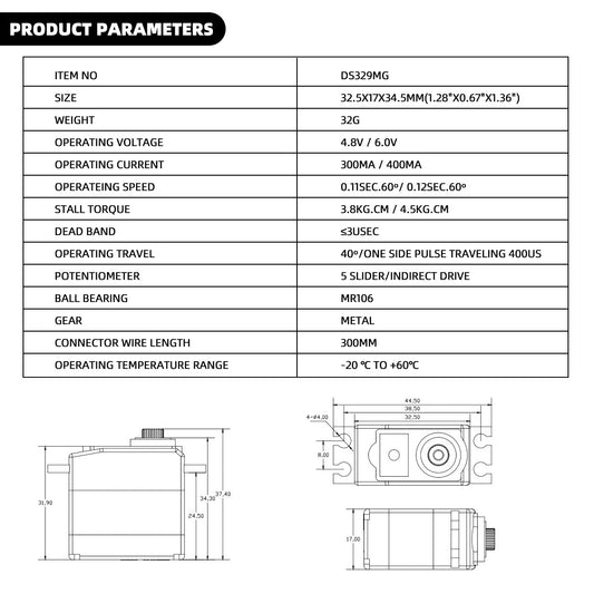 Corona DS329MG 4.5kg 0.11sec 32g Digital Metal Gear Mini Servo for Hobby Robotics Education Industrial