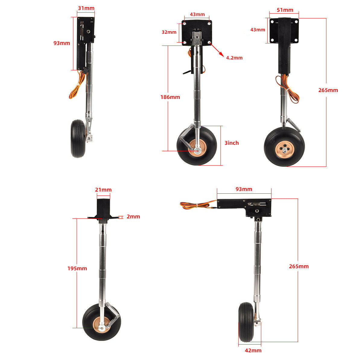 1 pair Electronic Retractable Landing Gears w/ Wheel 265mm for 10kg RC Airplane