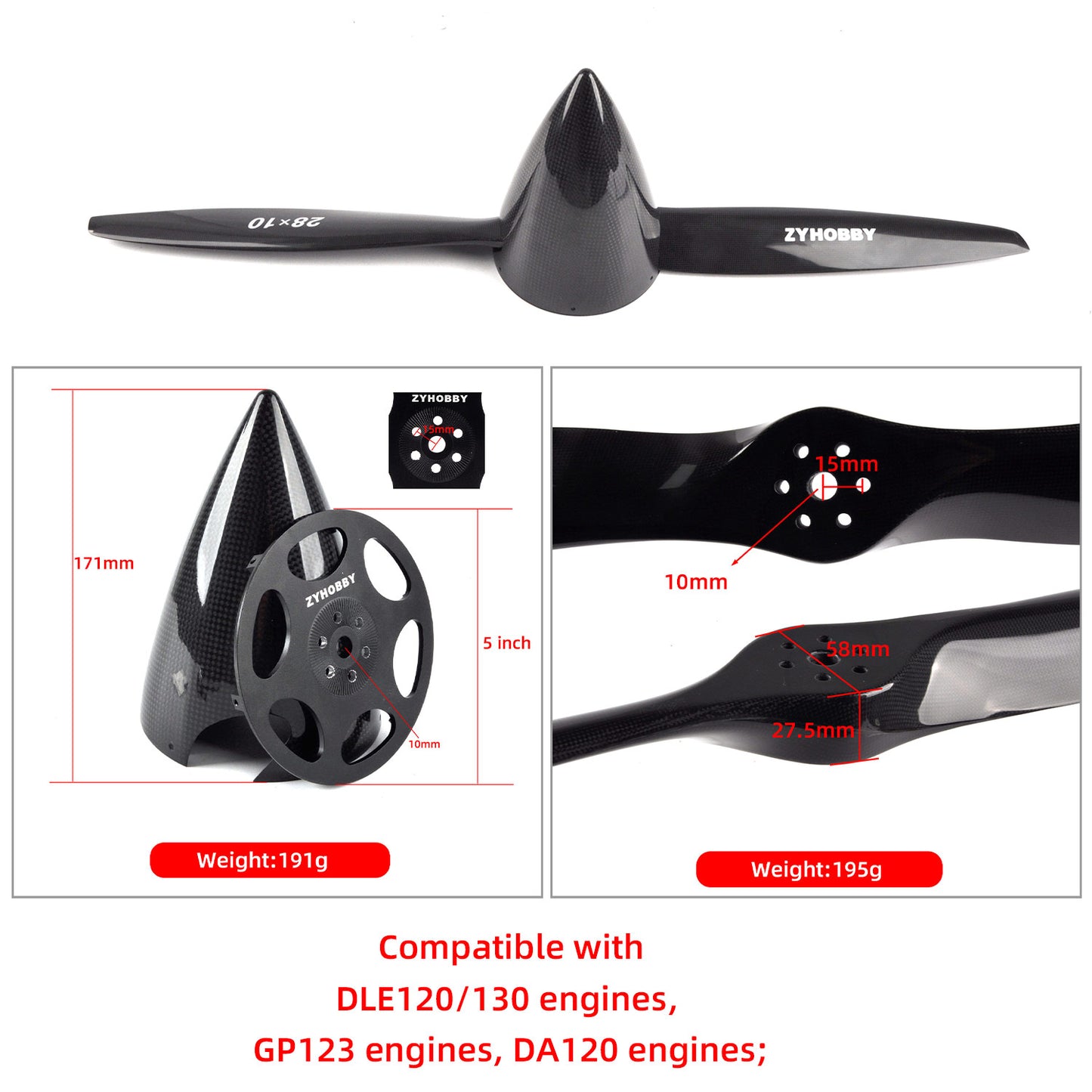 28x10in Carbon fiber Propeller CW with 5in Spinner for DLE120/DLE130/GP123/DA120