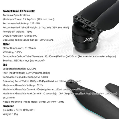 4PCS X8 Power System 15KG Thrust 100KV Motor+ESC+30"Prop For Agriculture Drone