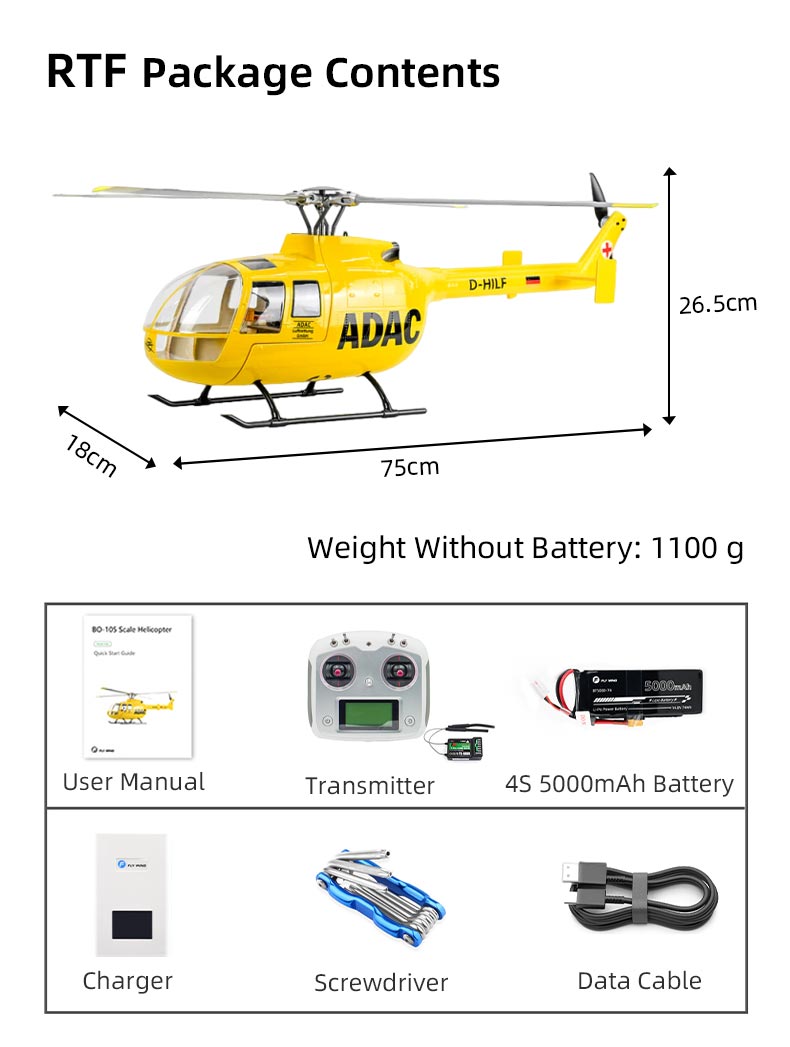 Flywing RTF BO105 470 V3 ADAC 10CH RC Helicopter With ACE Flight Control