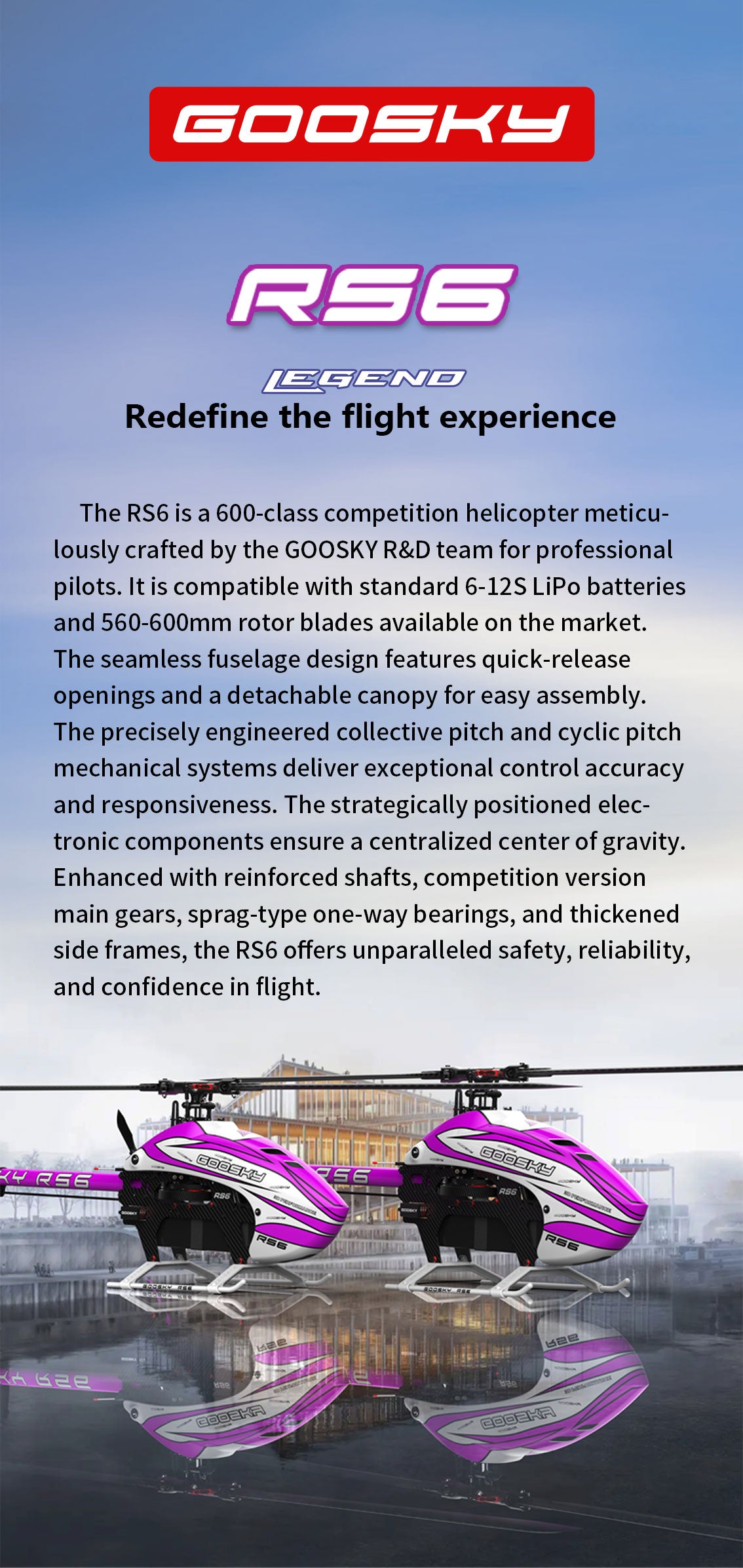 RC Helicopter GOOSKY RS6 (Kit Version) – Brushless Direct Drive 600-class 6-channel 3D helicopter blades not included