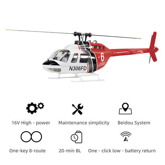 FLYWING Bell-206 Helicopter 2-Blades H1 System 16V High-power One-key 8-Route 3000mAh Power Battery RTF Version