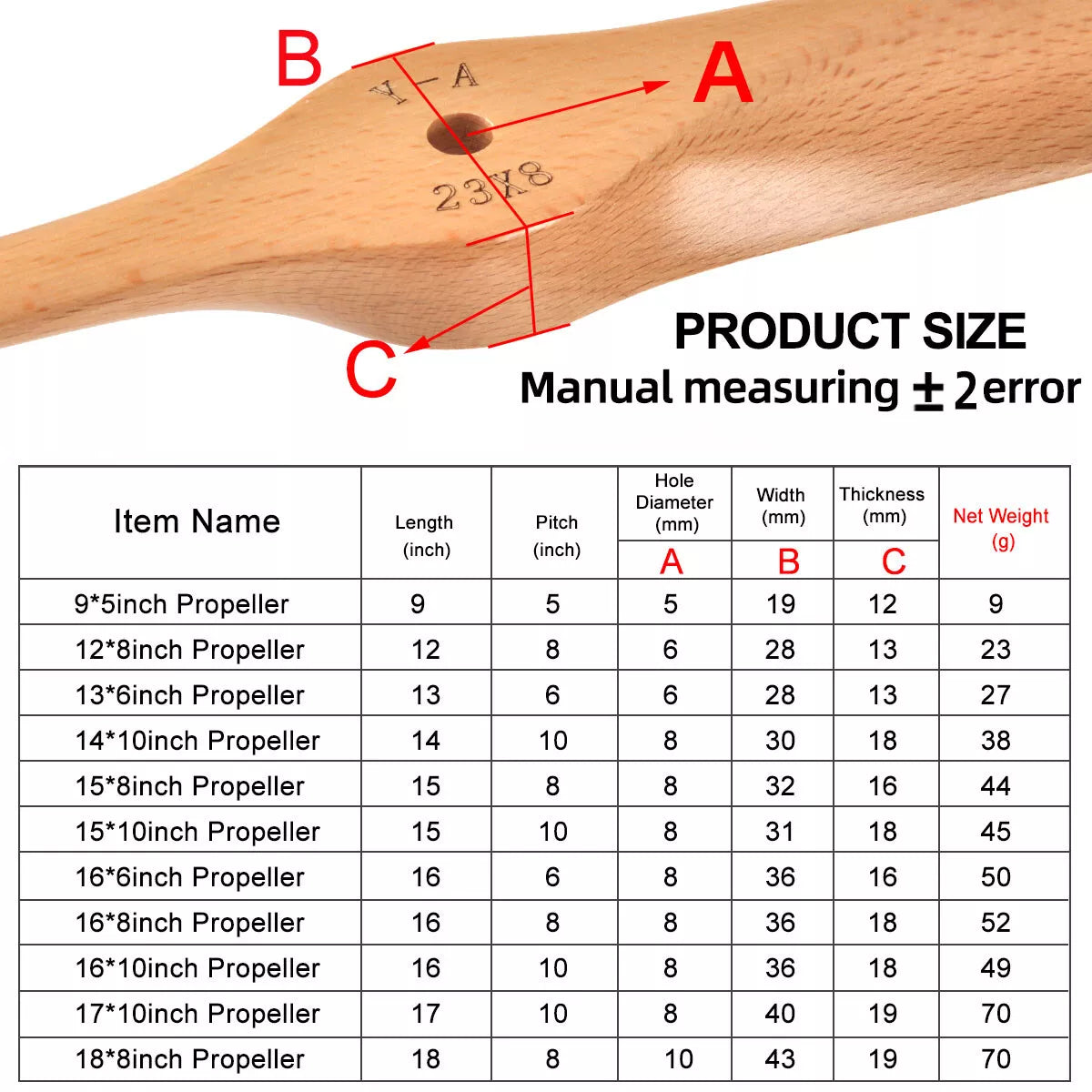 1 Piece Aircraft Gas Wooden Propeller 20*16 28*12 28*20 30*10 30*12 32*12 30*25 60*60 inch