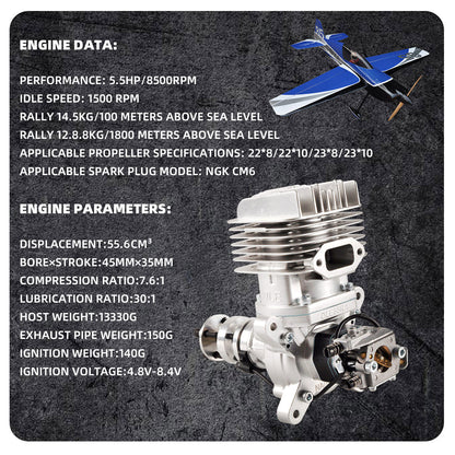 DLE55RA 55CC Two Stroke Rear Exhaust Gas Engine w/ Muffler&Ignition for RC Plane